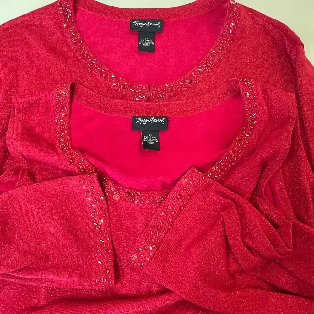 Maggie Barnes Women's Shimmer Knit Beaded Trim Tank & Cardigan Set Red 3X